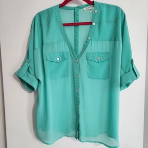 Black Rainn small, 3 quarter sleeve, sheer turquoise top